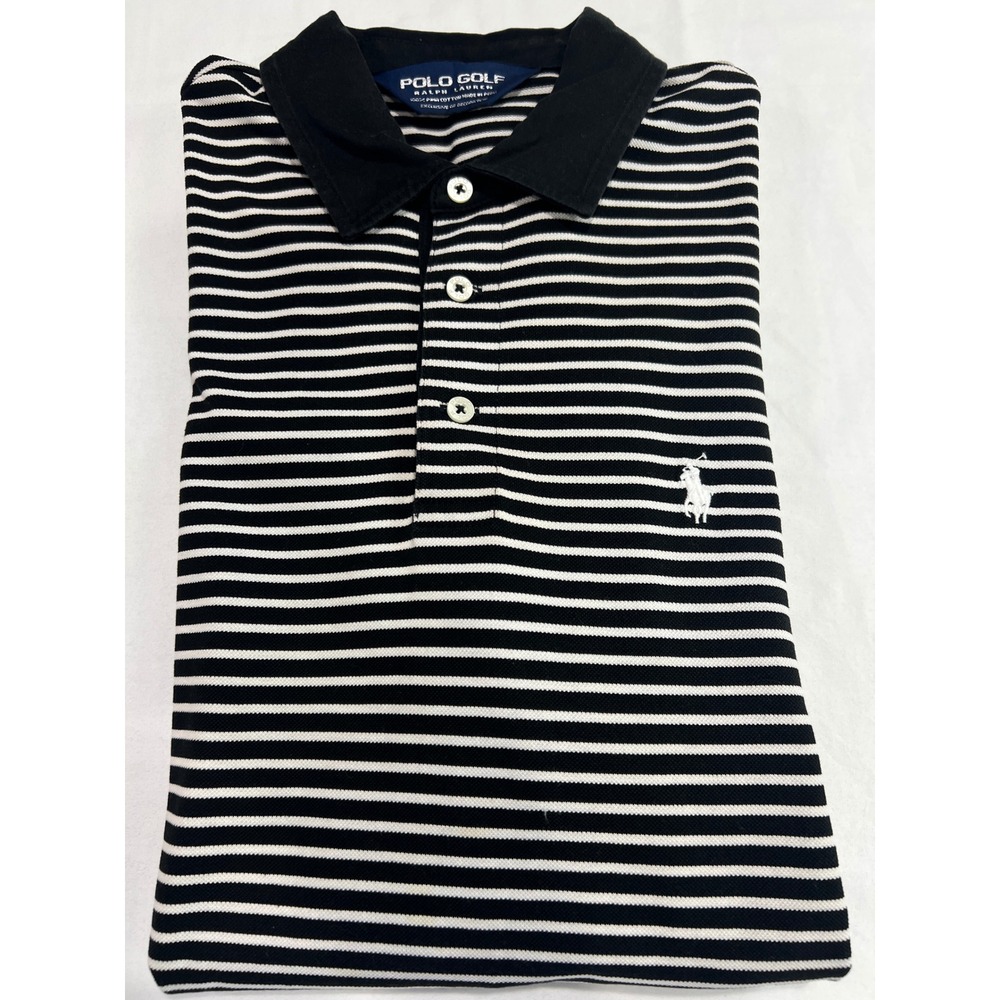 Polo Golf Ralph Lauren Medium Mens Black White Striped Pima Cotton Polo Shirt E9